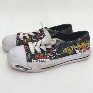 Ed Hardy Kids Canvas Sneakers Tattoo Print Lace Up Shoes Youth Size 1,‎ Y2K